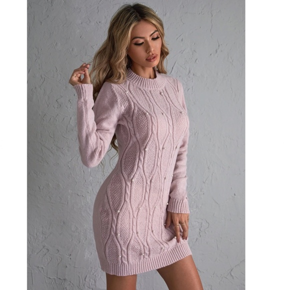 Baby Pink Sweater Short Mini Dress Faux Pearl Embellished Long Sleeve - Picture 7 of 9